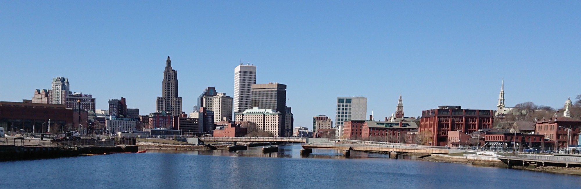 Providence pedestrian bridge and river view at sunset