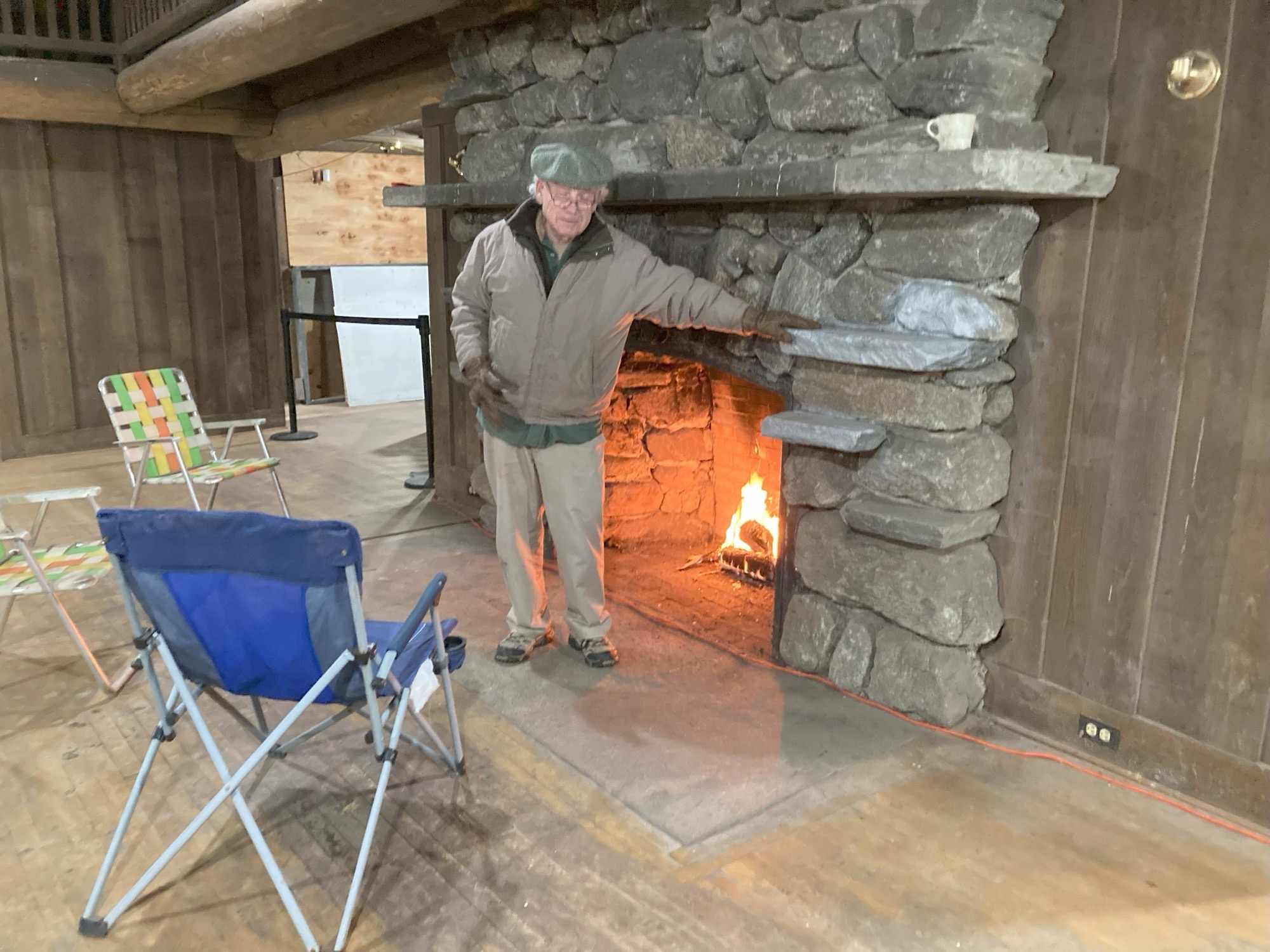 Cozy cabin interior with a fireplace